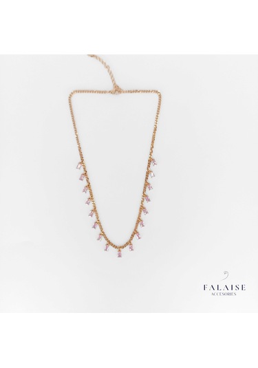 Pembe Baget Taşlı Zincir Kolye 45cm Altın - Pembe