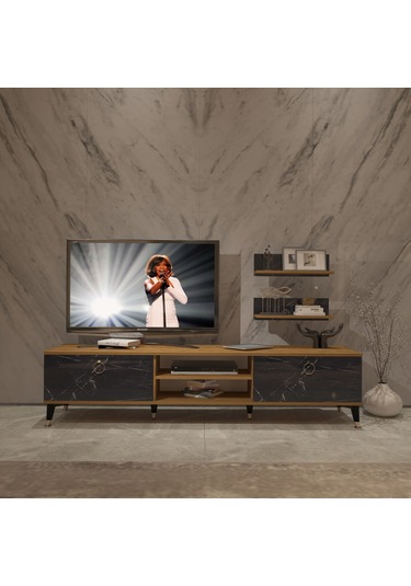 Decoraktiv Eko 4 Mdf Dvd Gold Tv Ünitesi Tv Sehpası Pera - Siyah Mermer