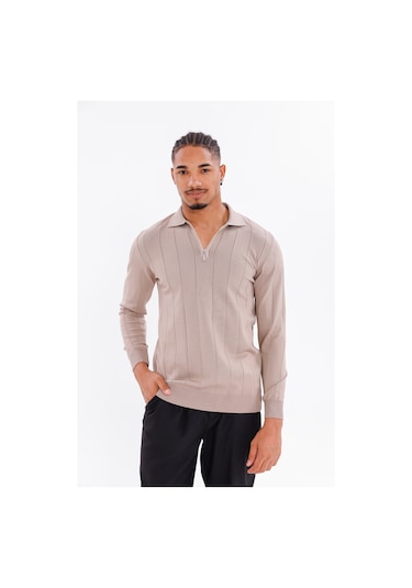 Monox Erkek Yarım Fermuarlı Polo Yaka Triko Kazak Taş