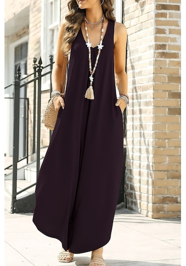 Soonaksesuar Kadın Askılı Yuvarlak Yaka Cepli Salaş Uzun Viskon Tulum Mürdüm