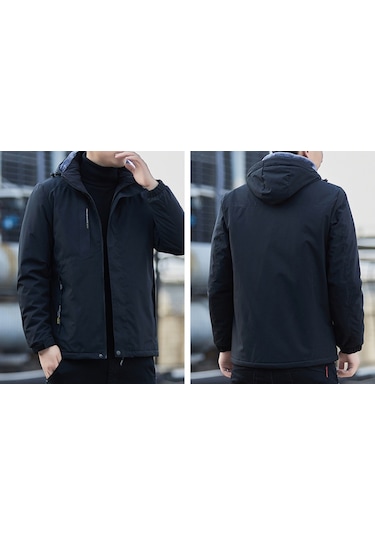 Erkek Sonbahar/kış Kadife Astarlı Rüzgar Geçirmez Ve Su Geçirmez Ceket Siyah