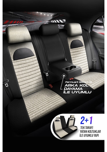 Kemik - Siyah Garni Panda Enzo Serisi Keten Kumaş Oto Koltuk Kılıfı - Tam Set