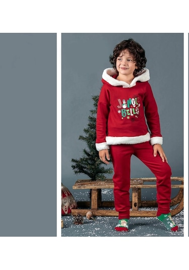 Unisex Çocuk Yılbaşı Christmas Noel Temalı Jingle Bells Model Kapüşonlu 3 İp Şardonlu 2 Parça Alt Üst Takım Kırmızı