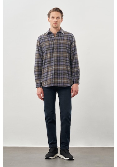 Koyu Antrasit Yünlü Ekose Desen Yumuşak Yaka Cepsiz Uzun Kol Casual Comfort Fit Gömlek 1004245227 Koyu Antrasit