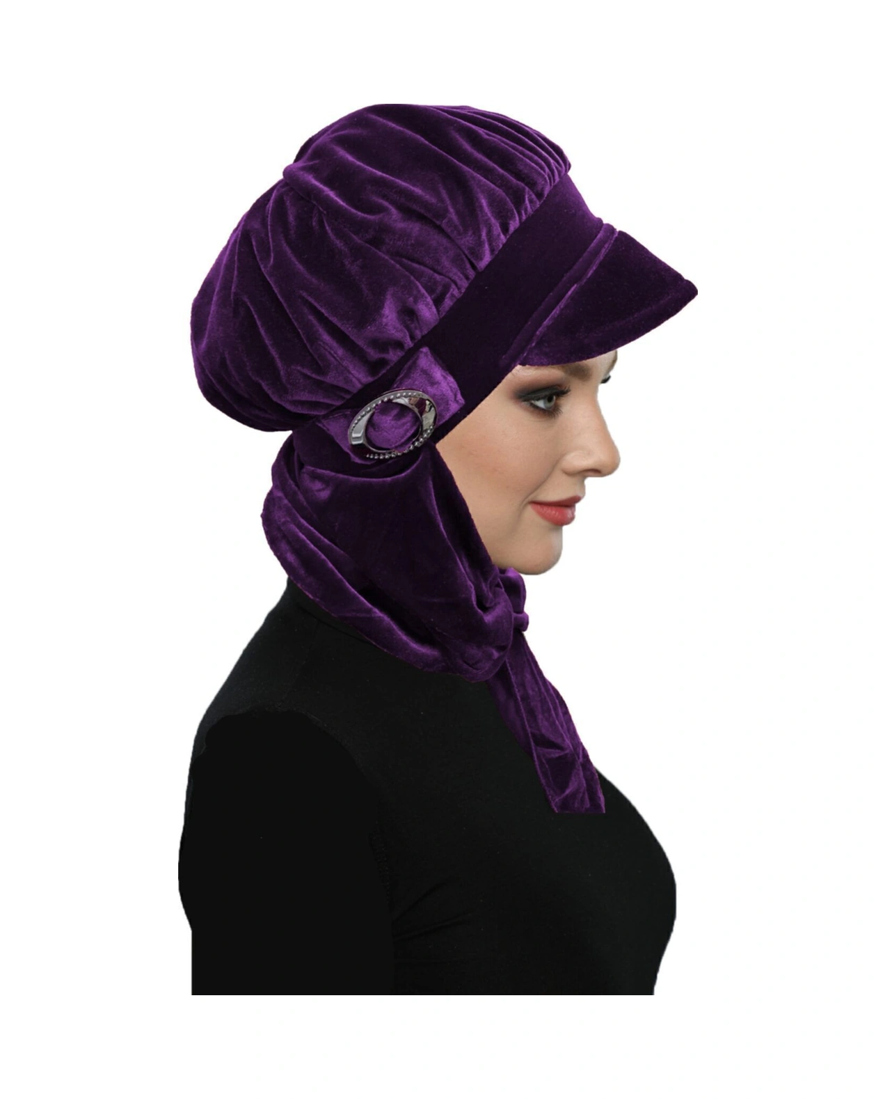 Kadife Şapka Atkılı Toka Detaylı Mor Hazır Türban Tesettür Bone Mor