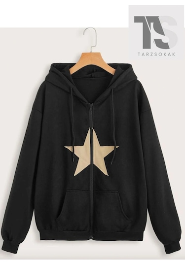 Adrift Star Desen Sweatshirt Fermuarlı Hırka Unisex Siyah