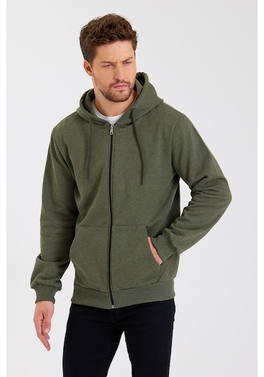 Comeor Kanguru Cepli Kapüşonlu Fermuarlı İçi Pamuklu Erkek Sweatshirt Haki 001 Haki