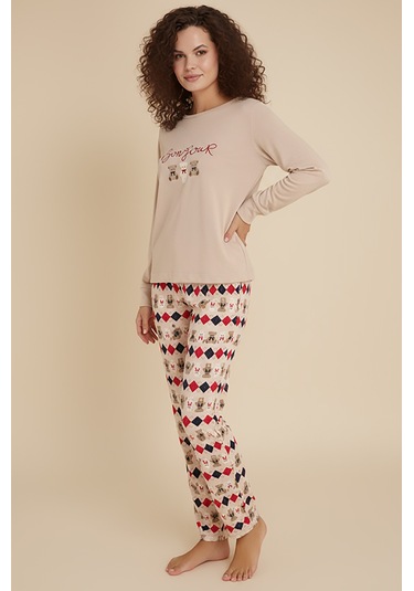 Luxury Thermal Bonjour Köpek Desenli Kadın Polar Kışlık Pijama Takımı 42042 Bej