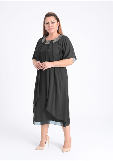 Büyük Beden Siyah Renkli Taş Baskılı Kısa Abiye Elbise Siyah