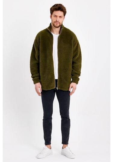 JAHR MARC Fermuarlı Oversize Yeşil Peluş Ceket - M Yeşil