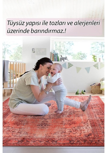 Blues Vintage Desenli Dokuma Taban Dekoratif Kırmızı Halı (Al 131