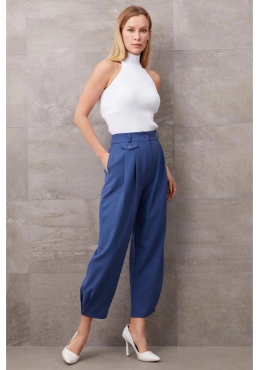 Paçası Düğmeli Yüksek Bel Pantolon Indigo