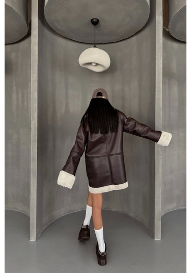 Deri Mont Kol Ve Yaka Peluş Kapaksız Cep Detaylı - Kahverengi Kahverengi