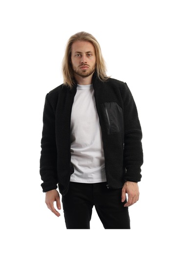 Erkek Dik Yaka Peluş Ceket Siyah