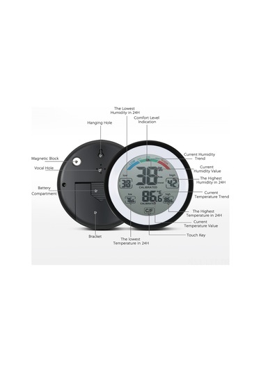 Youtek Sıcaklık Ve Nem Ölçer Cj3305f Siyah - Maksimum Minimum Değer Gösterimi, Dokunmatik Tuş, Masaüstü/duvar Kurulumu Pil Yok Siyah