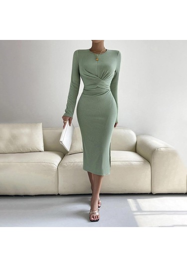 Hnxc Kadın Moda Yaz Bahar Düz Renk Baskı Uzun Kollu O-boyun Yüksek Bel Günlük Elbiseler Açık Yeşil