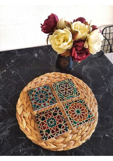Doğal Taş Bardak Altlığı Geometrik Desenler- Selçuklu Desenleri 4'lü Set 10x10x1 Cm Stone Coasters Çok Renkli