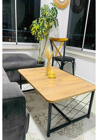 Ahşap Orta Sehpa 60x90 Modern Metal Ayak Siyah Tam Çerçeve Çam Desen Salon Ofis Balkon Sehpası - Cape