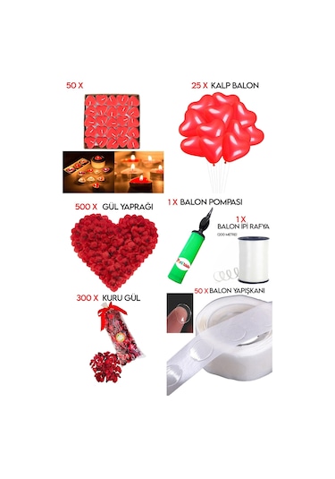 50 Kalp Mum, 25 Kalp Balon, 500 Gül Yaprağı, 300 Kuru Gül, 1 Balo