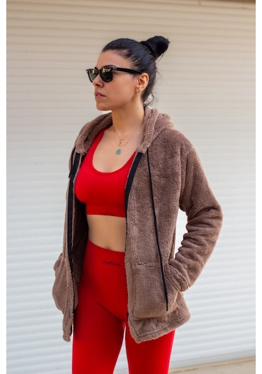 Kadın Vizon Peluş Kalın Fermuarlı Kapüşonlu Cepli Ceket 23kcktmy50 001