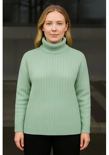 Balıkcı Yaka Bağazlı Triko Kazak Pamuklu Kalın Fitilli Dokuma - Mint Yeşili Yeşil