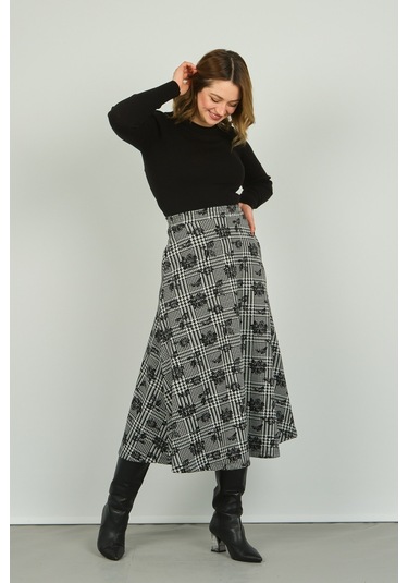 Sistas Kadın Desenli Midi Boy Rahat Form Etek 23917 Siyah