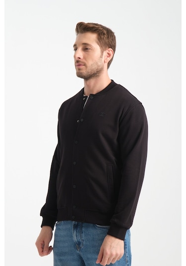 Shooter Sportswear Erkek Sweatshirt Düğmeli Ekru Standart Kalıp Siyah