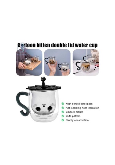 Createtech Çift Duvar Cam Kedi Şekli Bardağ Kaşık Fincan Seti Şeffaf, Kapaklı, Ev Ofis Şeffaf