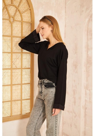 Kadın Ekstra Uzun Duble Kol / Yakası Yırtmaçlı Salaş Sweatshirt Bluz 3470190 Siyah