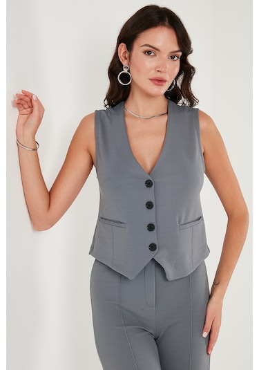 Lela Streç Fitted Fit V Yaka Düğmeli Bayan Yelek 5865971 Füme