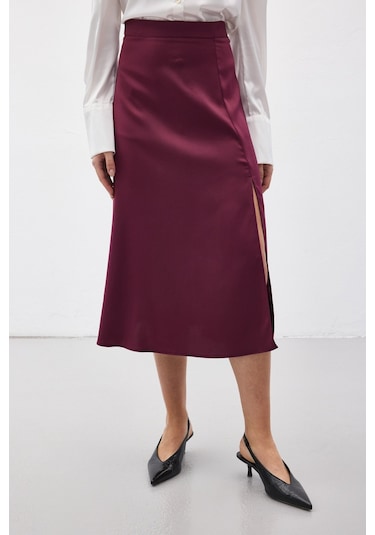 Sateen Yırtmaçlı Saten Etek - Mürdüm-136724 Mürdüm