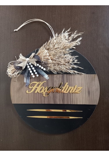 Hoşgeldiniz Yazılı Aynalı Pleksi Ahşap Dekoratif Dış Kapı Süsü Kahverengi