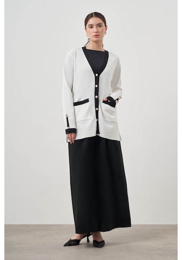 Mizalle Şeritli Rayon Ekru Hırka Ekru