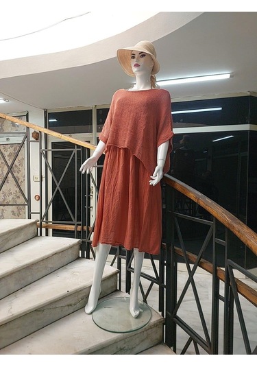 İtalyan Müslin Keteni Üstü File Bluzlu Astarlı Tek Parça Elbise Gül Kurusu