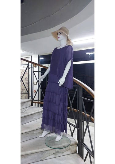 İtalyan 2 Beden İnce Gösteren Yarım Kol Kat Kat Ipek Elbise Mürdüm