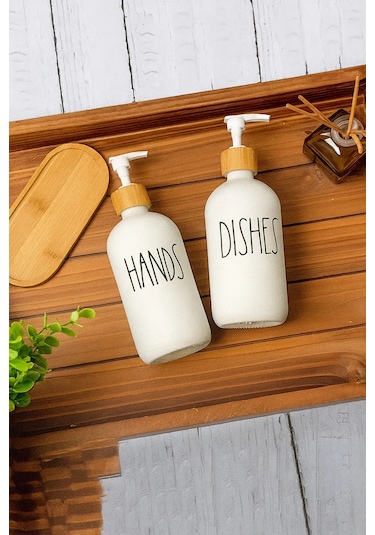 2'li Seramik Sıvı Sabunluk Seti Bambu Kapaklı Ve Standlı 550 Ml Hands & Dishes Mutfak Sabunluk Seti Beyaz - Şeffaf