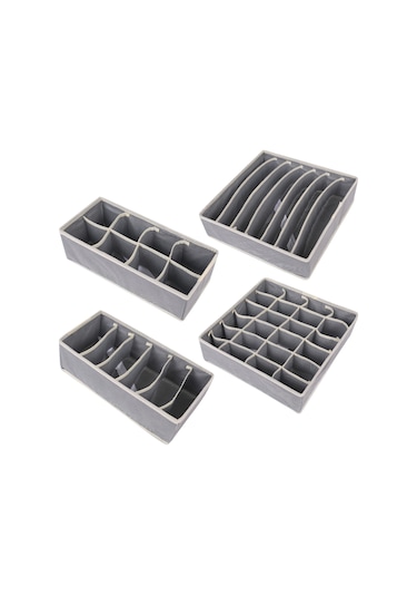 Fosenze Gri 4'lü Çok Bölmeli Giyim Organizer Seti: Alt Giyim, Çorap, Sütyen İçin Katlanabilir, Sporlu Kumaşlı Depolama Kutuları 6+7+8+24 Bölme Gri