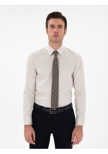 Cacharel Bej Slim Fit Pamuklu Klasik Gömlek