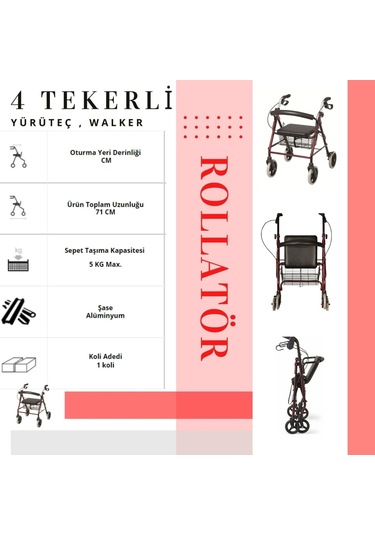 Medkimsan Rolatör | Tekerli Oturaklı Rolatör Yürüteç | Sepetli