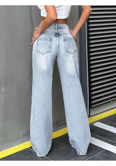 Palazzo Buz Mavi Yüksek Bel Jeans Mavi