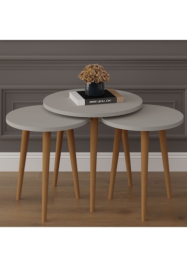 3 Lü Yuvarlak Zigon Sehpa Ahşap Ayaklı-sehpa01-kül Gri