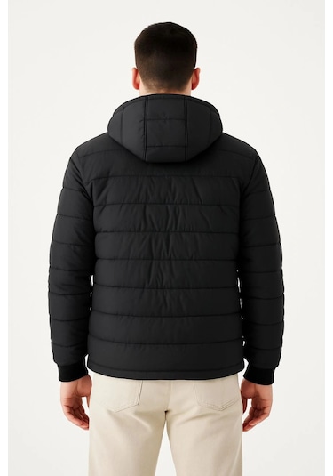 Ertaştrendstore Erkek Şişme Kapüşonlu Fermuarlı Mont Su İtici Kapitone Cepli Ceket - Siyah Çoklu Renk