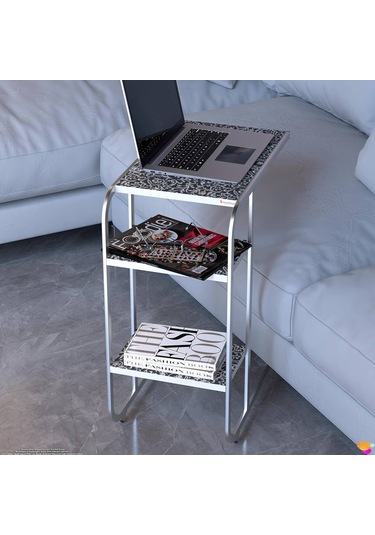 Modilayn C Yan Sehpa Dar Boy Tekerlekli Çalışma, Atıştırmalık, Yemek, Laptop Sehpası Siyah Desenli Siyah