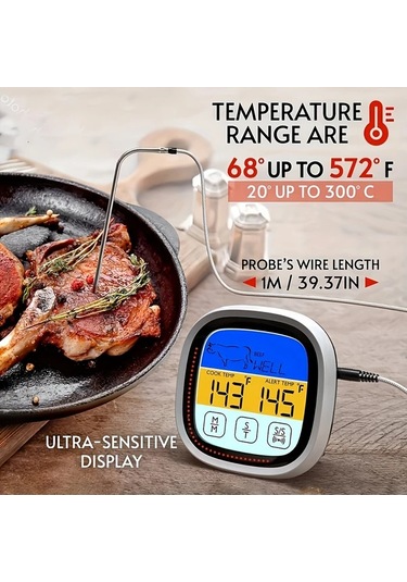 Honeybeeshop Siyah 1 Adet Cift Ekranli Dijital Et Termometresi Buyuk Dokunmatik Ekran Paslanmaz Celik Prob Bbq Pisirme Firinlama Icin Ideal