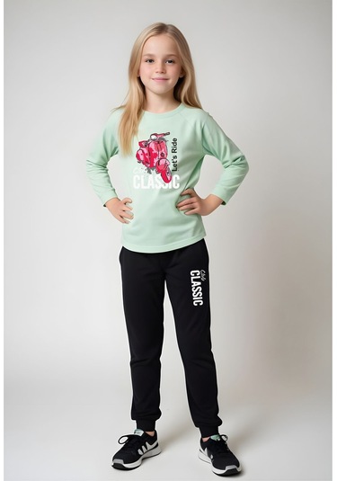 Fyk Kids Kız Çocuk Pembe Motor Baskılı Bel Detayiı Lasti Kli Alt-üst Pi Jama Takımı Yeşil