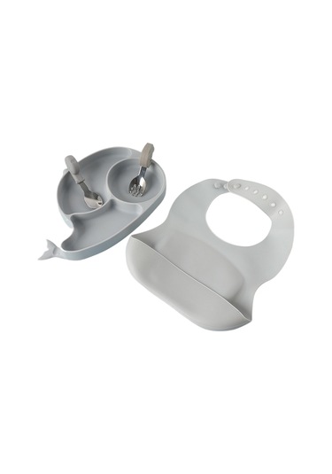 Çocuk Dört Parçalı Silikon Yemek Tabağı Seti-oxford Gri Açık Gri