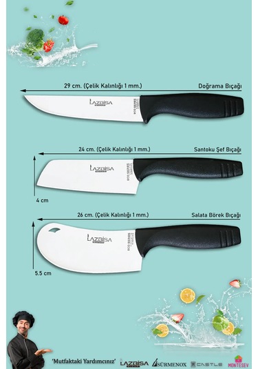 Eco Serisi Mutfak Bıçak Seti Et Ekmek Salata Börek Şef Bıçağı 3lü Siyah