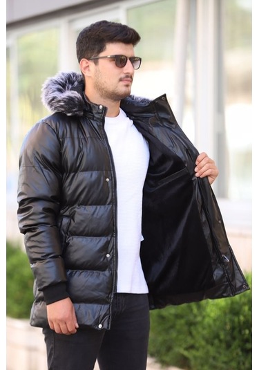 Prifaldi Erkek Kapüşonu Çıkarılabilir Siyah Şişme Uzun Deri Mont Siyah