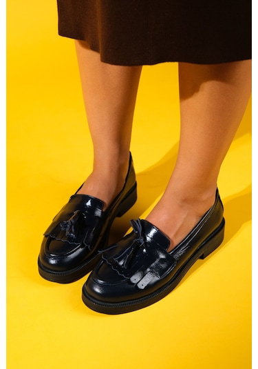 Milina Laci Rugan Püsküllü Hakiki Deri Kadın Loafer Ayakkabı Lacivert