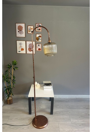 Mopa Bal Rengi Cam Lambader Patina Gövde Dekoratif Metal Oturma Odası Zemin Lambası Natural